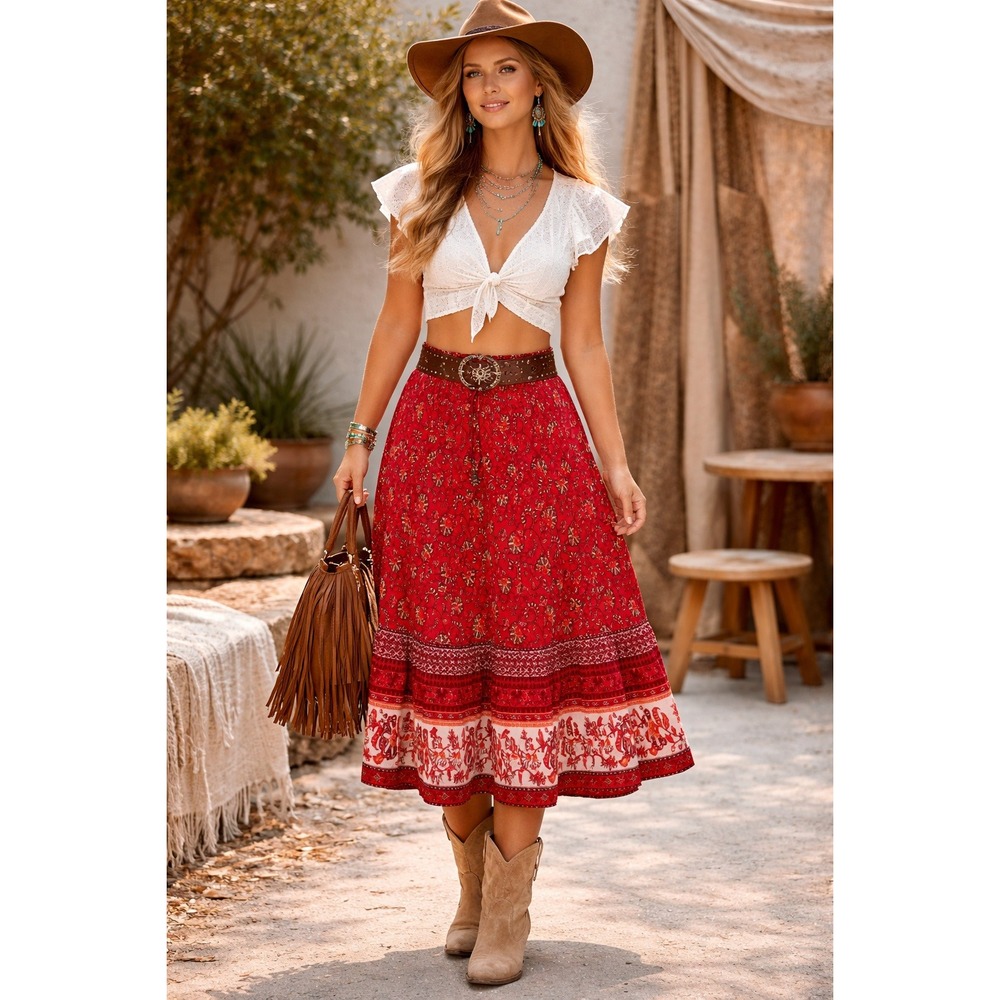 Boho Cottagecore Western Prairie Red Floral Paisley Tiered Maxi L Skirt Cotton